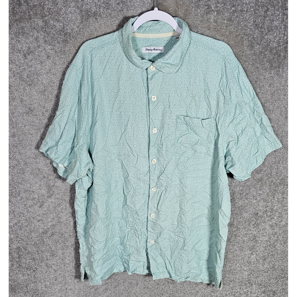 Tommy‎ Bahama Silk Button Up Shirt Mens Sized XLT Green White Geometric Print